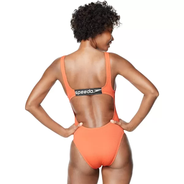 Speedo Womens Swimsuit One Piece Logo Back Strap Contemporary CutRib Hot Coral