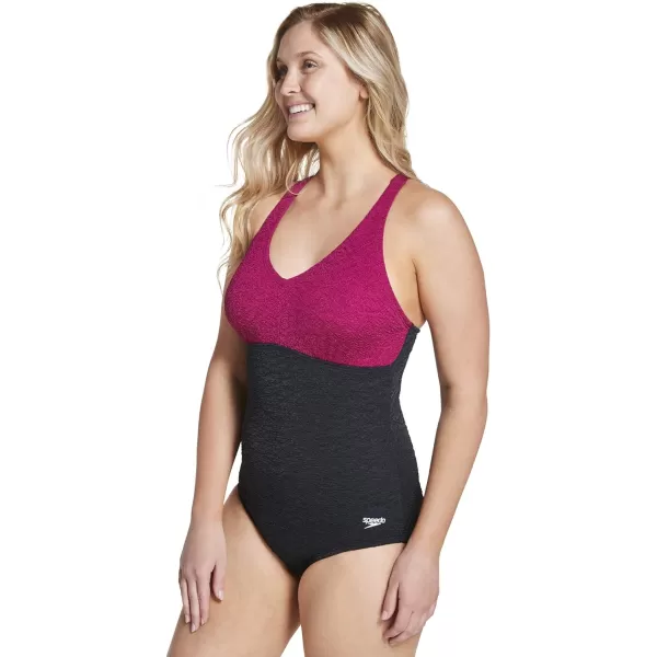 Speedo Womens Swimsuit One Piece Pebble Texture Crossback Moderate CutRaspberry Radiance