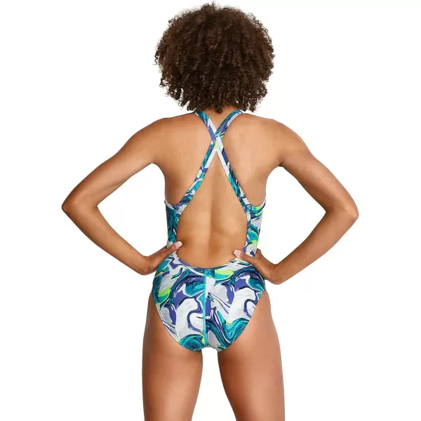 Speedo Womens Swimsuit One Piece Prolt Volt Back PrintedMarble Blue Atoll
