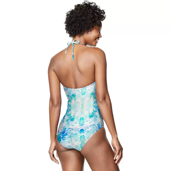 Speedo Womens Swimsuit One Piece VNeck Halter Contemporary CutBlended Tie Dye