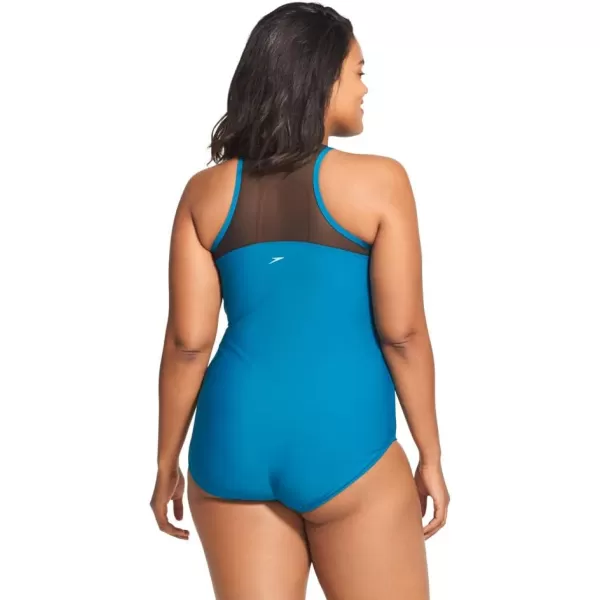 Speedo Womens Swimsuit One Piece Zip Up Mesh Plus SizeCaribbean Sea