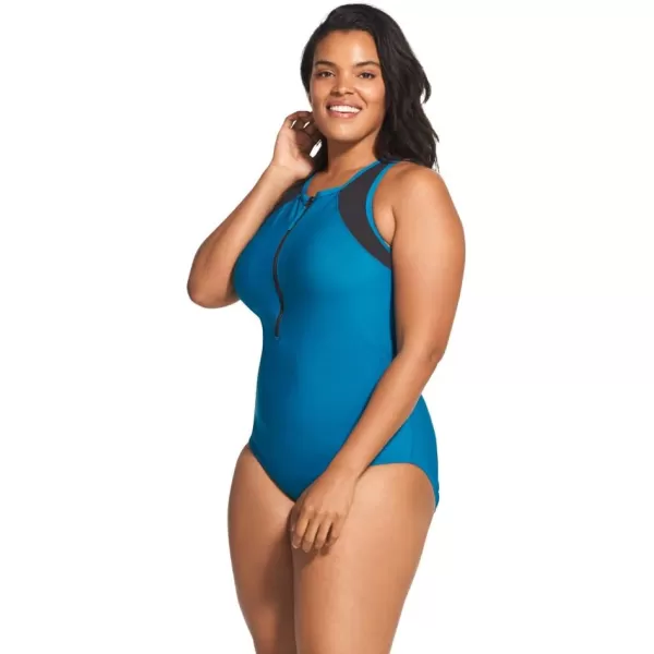Speedo Womens Swimsuit One Piece Zip Up Mesh Plus SizeCaribbean Sea