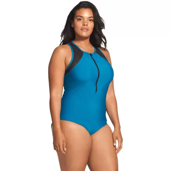 Speedo Womens Swimsuit One Piece Zip Up Mesh Plus SizeCaribbean Sea