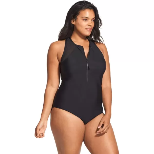 Speedo Womens Swimsuit One Piece Zip Up Mesh Plus SizeSpeedo Black