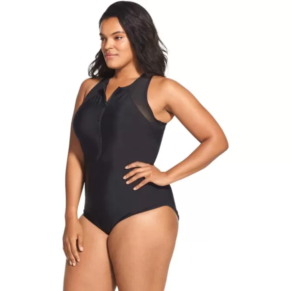 Speedo Womens Swimsuit One Piece Zip Up Mesh Plus SizeSpeedo Black