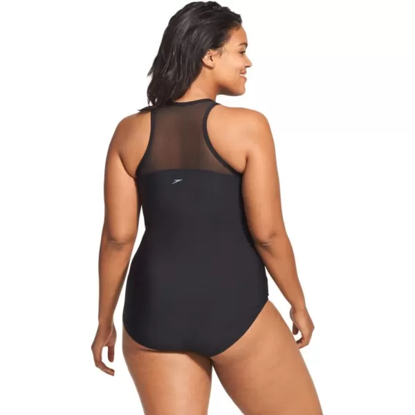 Speedo Womens Swimsuit One Piece Zip Up Mesh Plus SizeSpeedo Black