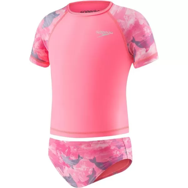 Speedo Girls Printed Short Sleeve Rash Guard tShirt Two Piece Swim SetCoral