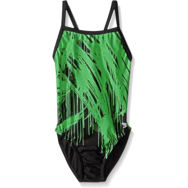 Speedo Girls Swimsuit One Piece Powerflex Flyback Printed Youth Team ColorsDrip Speedo Green