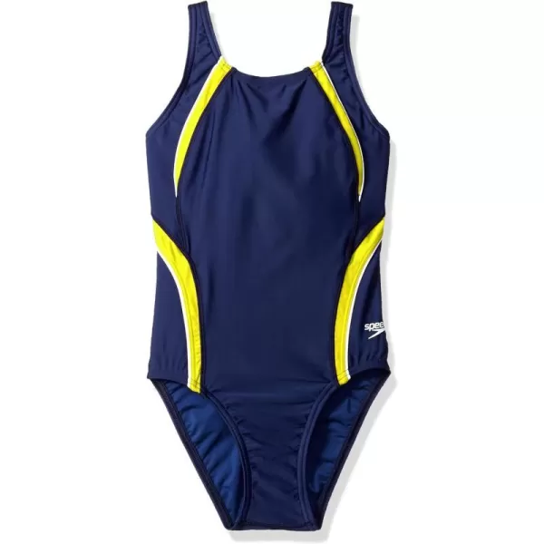 Speedo Girls Swimsuit One Piece Powerflex Pulse Back Solid Youth Team ColorsNavyGold