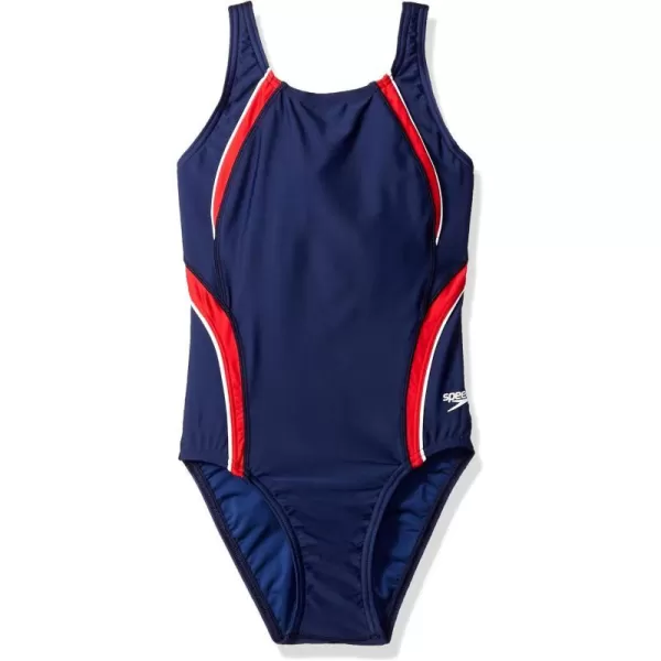 Speedo Girls Swimsuit One Piece Powerflex Pulse Back Solid Youth Team ColorsRedNavy