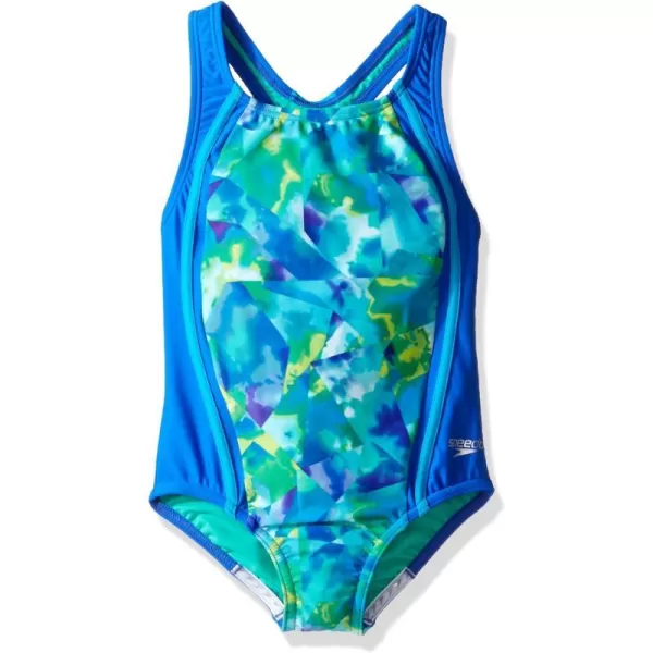 Speedo Girls Swimsuit One Piece Thick Strap Racer Back PrintedDiscontinuedTie Dye Blue