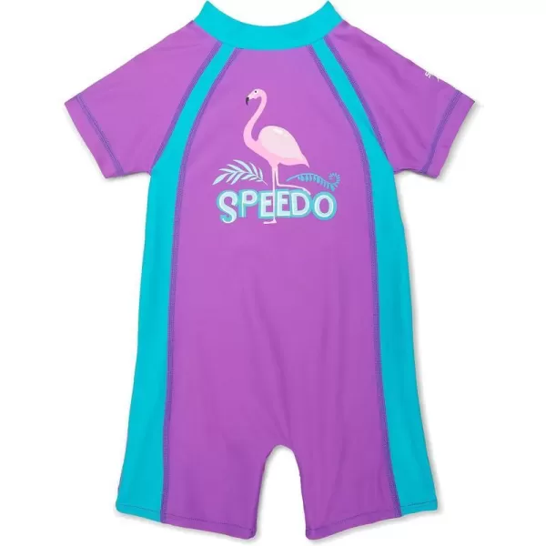 Speedo Kids Swimsuit One Piece Short Sleeve Rashguard Begin to Swim PrintAmethyst