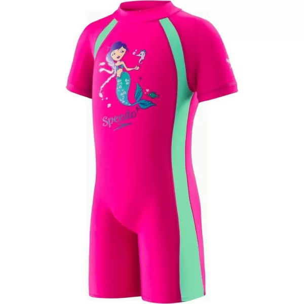 Speedo Kids Swimsuit One Piece Short Sleeve Rashguard Begin to Swim PrintBright Pink