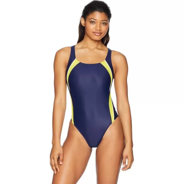 Speedo Womens Powerflex Eco Taper Splice Pulse Back One Piece SwimsuitNavyGold