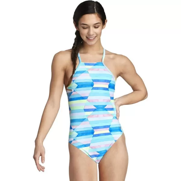 Speedo Womens Swimsuit One Piece Endurance Turnz Tie Back PrintedHigh Neck Multi