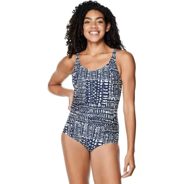 Speedo Womens Swimsuit One Piece Sweetheart Moderate CutFinger Print Peacoat