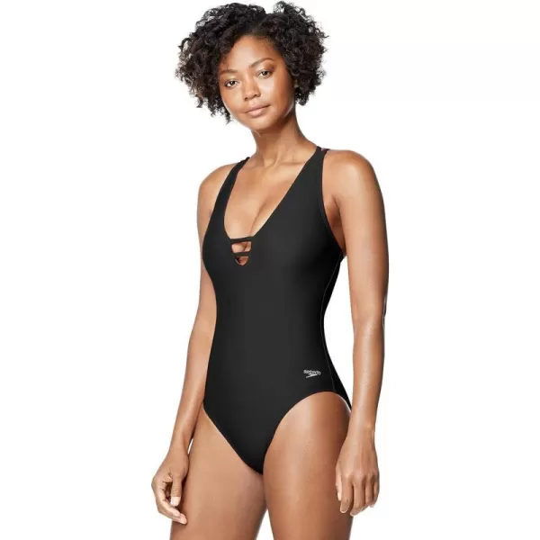 Speedo Womens Swimsuit One Piece VNeck Strappy Back Contemporary CutSpeedo Black