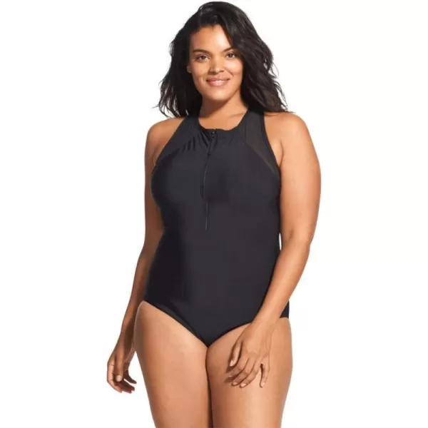 Speedo Womens Swimsuit One Piece Zip Up Mesh Plus SizeSpeedo Black