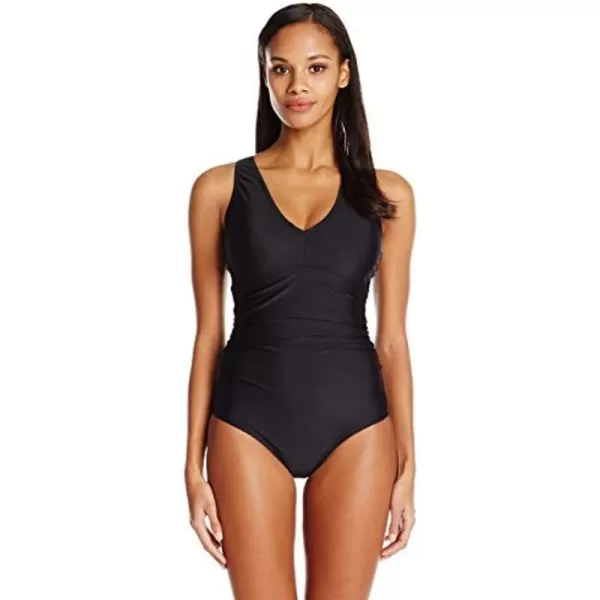 Speedo Womens VNeck One Piece Swimsuit with Underwire Black 10Swimsuit One Piece Powerflex Vneck Solid  Manufacturer Discontinued Blue Smoke