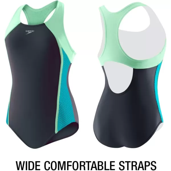 Speedo Girls Swimsuit One Piece Mesh Splice Thick StrapCyan