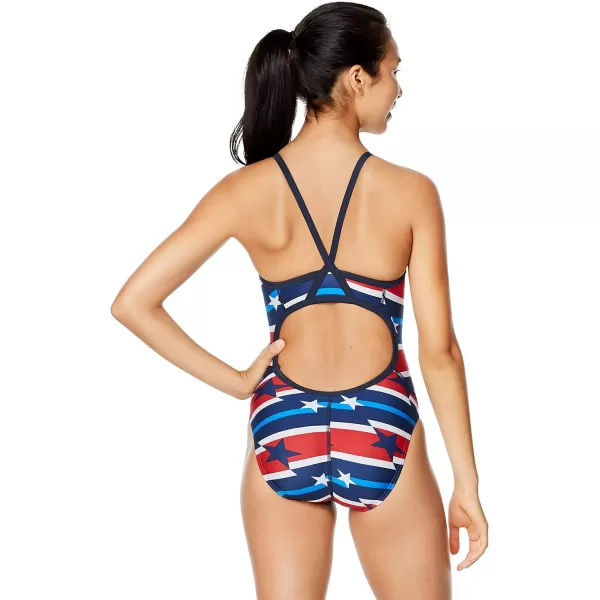 Speedo Womens Swimsuit One Piece PowerFlex Flyback Printed Adult Team ColorsRad White amp Blue