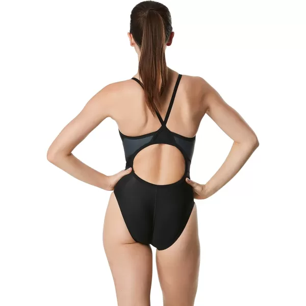 Speedo Womens Swimsuit One Piece PowerFlex Flyback Solid Adult Team ColorsBlackGrey