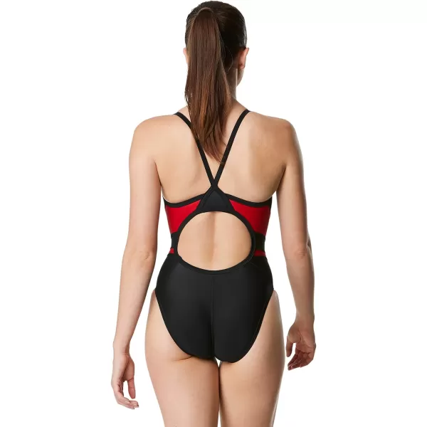 Speedo Womens Swimsuit One Piece PowerFlex Flyback Solid Adult Team ColorsBlackRed