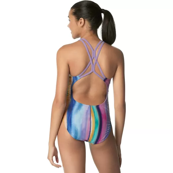 Speedo Womens Swimsuit One Piece Thin Strap High CutRainbow Stripe