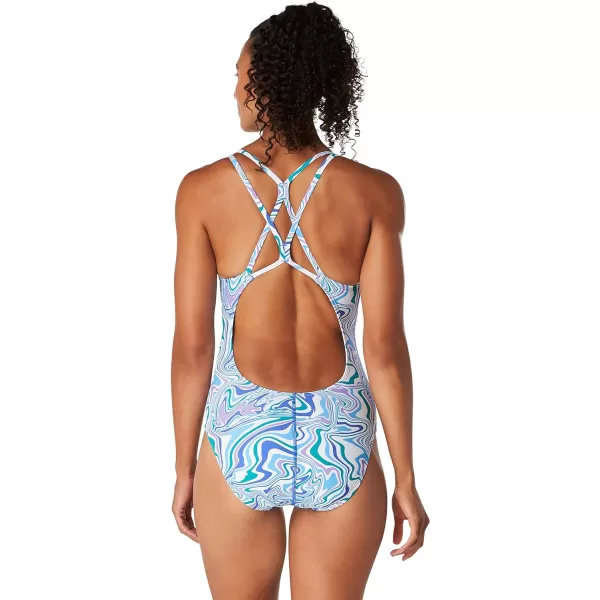 Speedo Womens Swimsuit One Piece Thin Strap High CutTopography Swirl Dazzling Blue