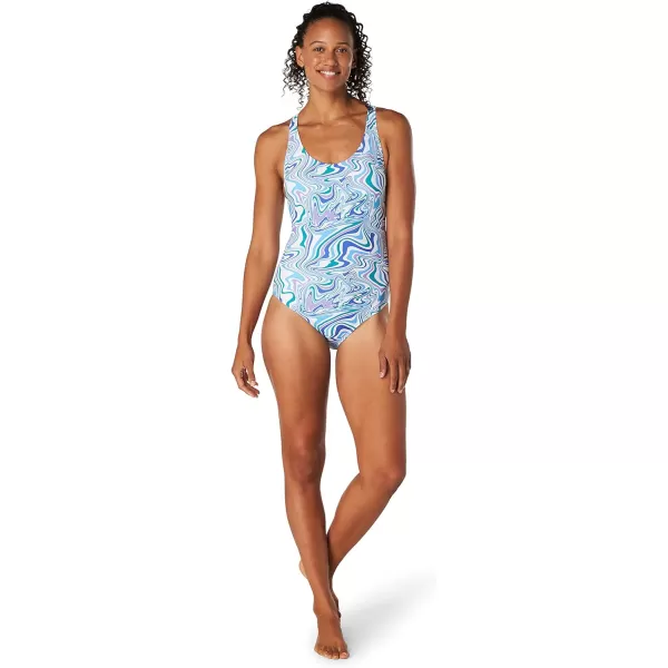 Speedo Womens Swimsuit One Piece Thin Strap High CutTopography Swirl Dazzling Blue