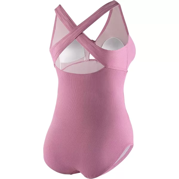 Speedo Womens Swimsuit One Piece Tie Front Plus Size RibbedMauve Orchid