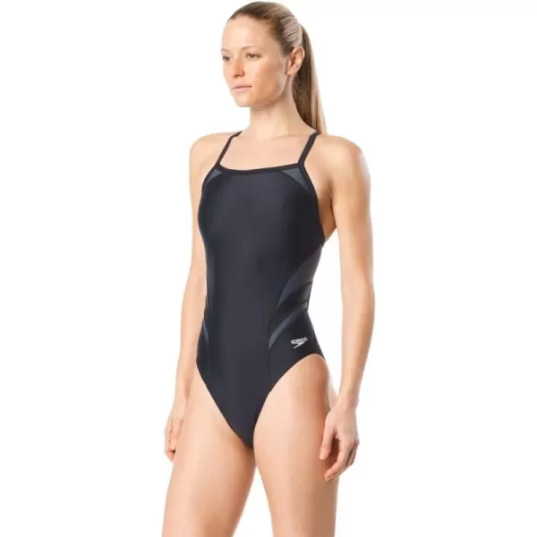 Speedo Womens Swimsuit One Piece PowerFlex Flyback Solid Adult Team ColorsBlackGrey