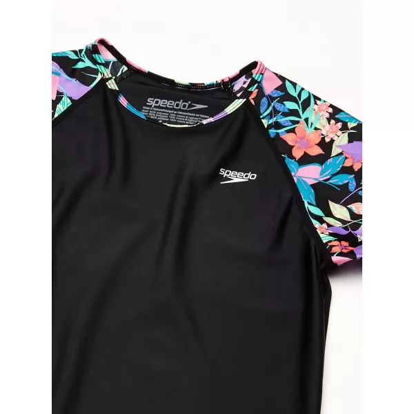 Speedo Girls UV Swim Shirt Short Sleeve Printed RashguardMulti Black