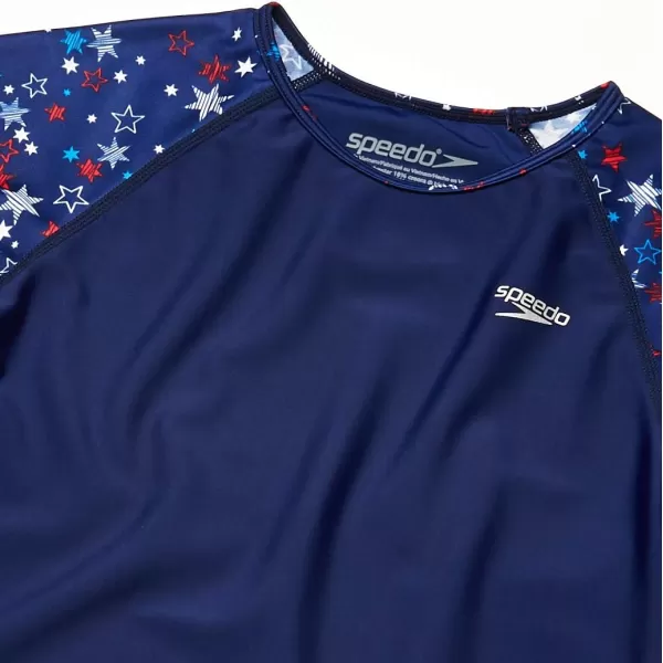 Speedo Girls UV Swim Shirt Short Sleeve Printed RashguardRedWhiteBlue