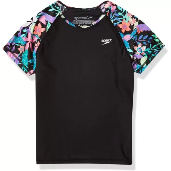 Speedo Girls UV Swim Shirt Short Sleeve Printed RashguardMulti Black