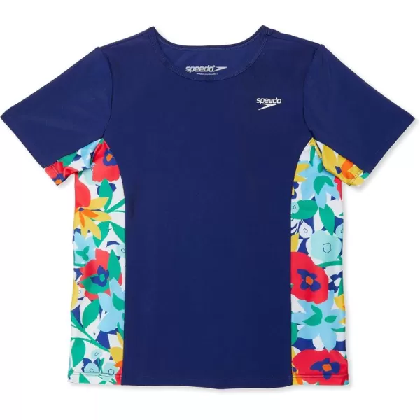 Speedo Girls UV Swim Shirt Short Sleeve Printed RashguardPeacoat Splice