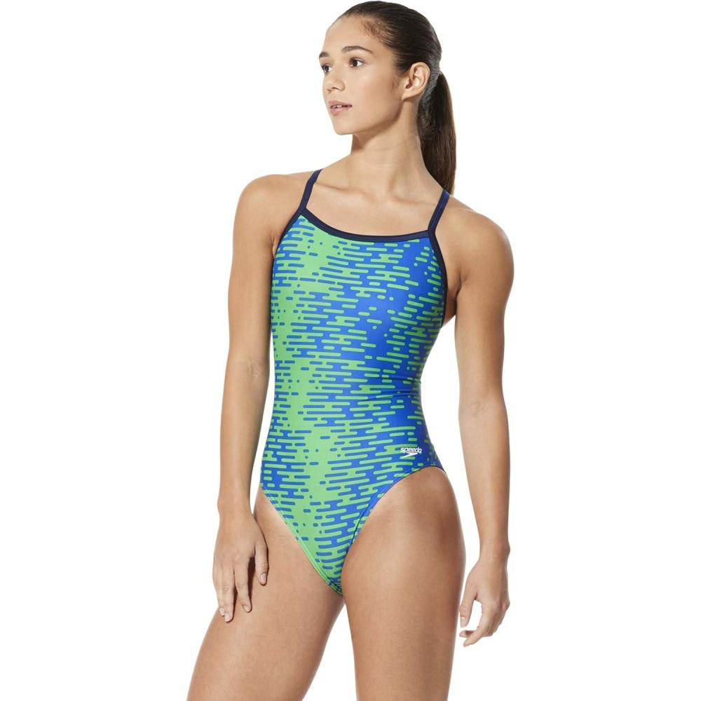 imageSpeedo Womens Swimsuit One Piece PowerFlex Flyback Printed Adult Team ColorsModern BlueGreen