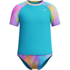 imageSpeedo Girls Printed Short Sleeve Rash Guard tShirt Two Piece Swim SetHula Blend