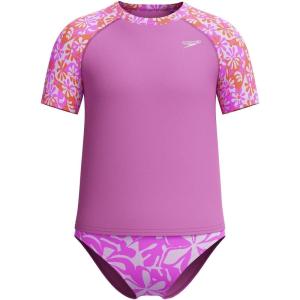 imageSpeedo Girls Printed Short Sleeve Rash Guard tShirt Two Piece Swim SetWavy Daisy