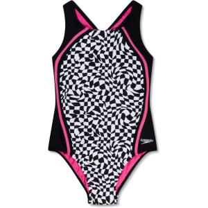 imageSpeedo Girls Swimsuit One Piece Thick Strap Racer Back PrintedRacing Check Splice