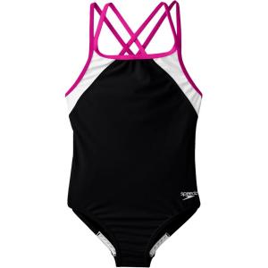 imageSpeedo Girls Swimsuit One Piece Solid Cross Back Multi StrapsBlackPink