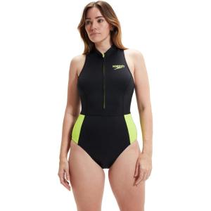 imageSpeedo Womens Swimsuit One Piece Zip Front Thermal Open WaterBlackSafety Yellow