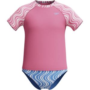 image:imageSpeedo Girls Uv Swim Shirt Short Sleeve Rashguard SetWavy Stripe Pink LemonadePeriwinkle Blue