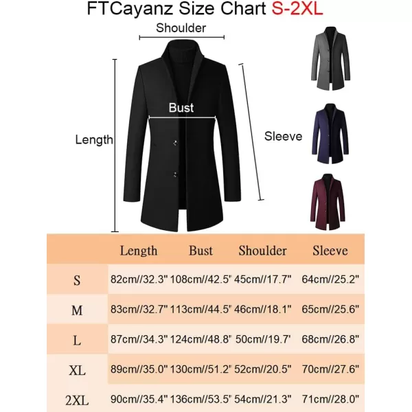 FTCayanz Mens Trench Coat Wool Blend Slim Fit Top Coat Single Breasted Business OvercoatBlack