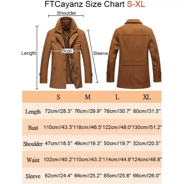 FTCayanz Mens Wool Coat Winter Slim Fit Pea Coats Single Breasted Quilted Lined Trench JacketBlack