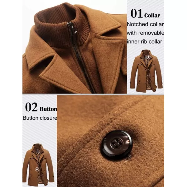 FTCayanz Mens Wool Coat Winter Slim Fit Pea Coats Single Breasted Quilted Lined Trench JacketBrown