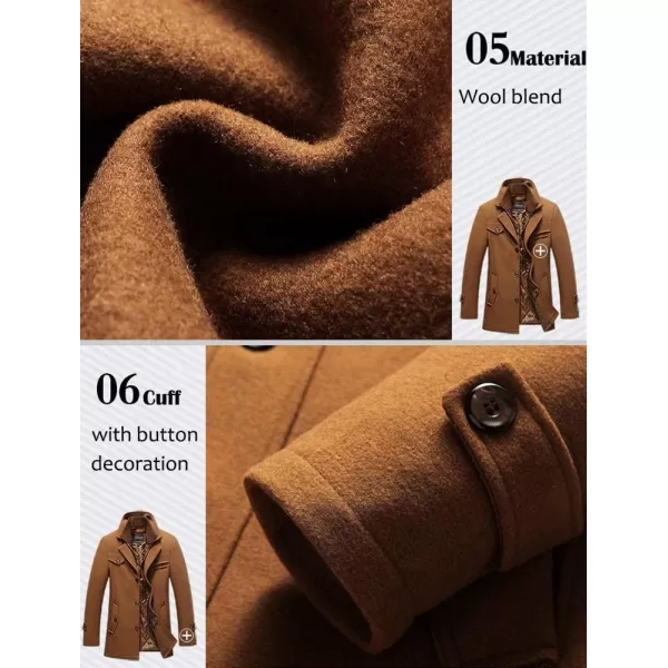 FTCayanz Mens Wool Coat Winter Slim Fit Pea Coats Single Breasted Quilted Lined Trench JacketBrown