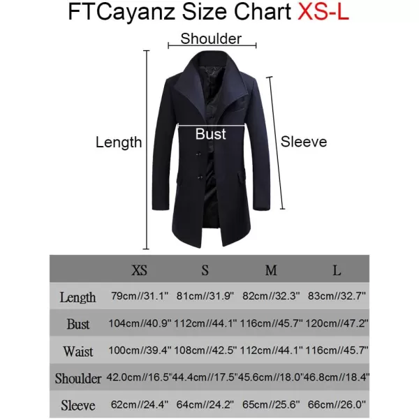 FTCayanz Mens Wool Trench Coat Winter Slim Fit Business Top Coat Single Breasted OvercoatBlack