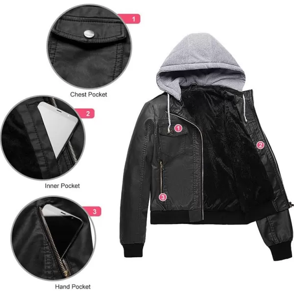 Minibee Fall Jackets for Women PU Faux Leather Jacket Motorcycle with Removable HoodMinibee Fall Jackets for Women PU Faux Leather Jacket Motorcycle with Removable Hood