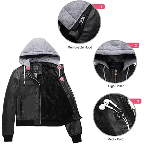 Minibee Fall Jackets for Women PU Faux Leather Jacket Motorcycle with Removable HoodMinibee Fall Jackets for Women PU Faux Leather Jacket Motorcycle with Removable Hood